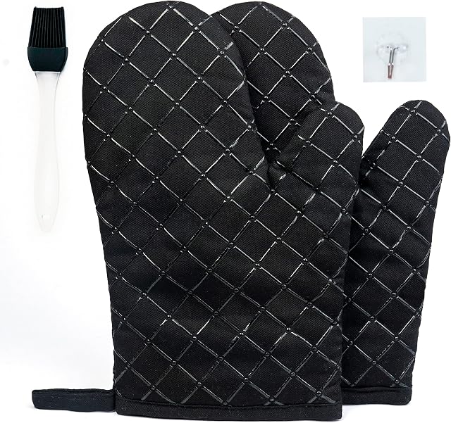 Oven Gloves Heat Resistant | Non-Slip & Double Sided, Silicon Oven Gloves | Kitchen Gloves best for Baking, Grilling, BBQ, Cooking | Oven Mitts 1 Pair (Black) Oven Gloves