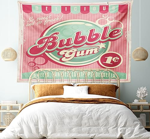 Miniatura 5 de Lunarable Tapiz retro, anuncio para tienda de dulces con fondo de rayas pastel diseño de los años ochenta, decoración de tela para colgar en la