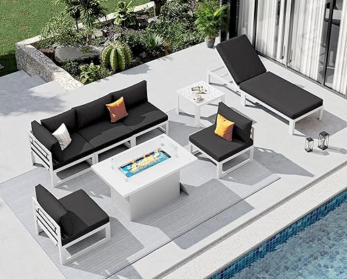 Miniatura 820 de NICESOUL 7 Piece White Powder-Coated Aluminum Patio Furniture with Fire Pit Table, 29 Inch Extra Wide Outdoor Sectional Sofa for 6, High-End Heavy