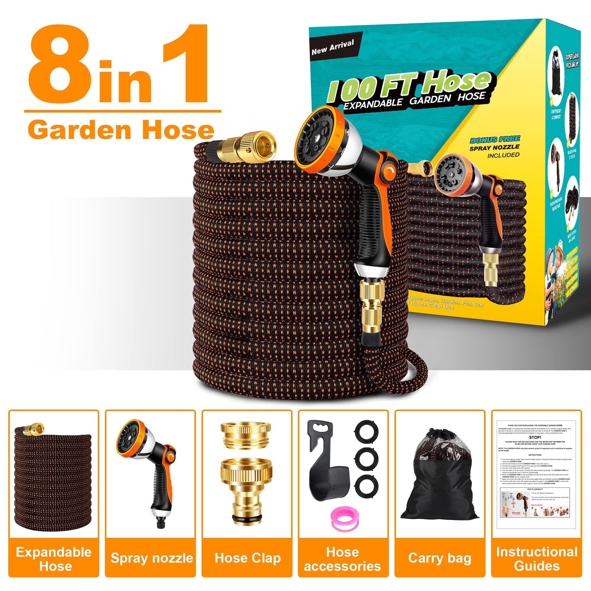 manguera jardin, manguera extensible con 10 boquillas de patrón de pulverización, conector de latón, tela 3750D, manguera de alta resistencia con núcleo de látex de 4 capas-30m/100ft