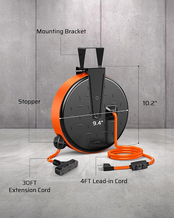 DEWENWILS 30FT Extension Cord Reel, 16/3 Gauge SJTW Power Cord, Retractable Cord Reel with 3 Outlets, Ceiling/Wall Mount for Garage, Workshop, 10A Circuit Breaker, Metal Plate, UL Listed, Orange by Dewenwils - Image 5