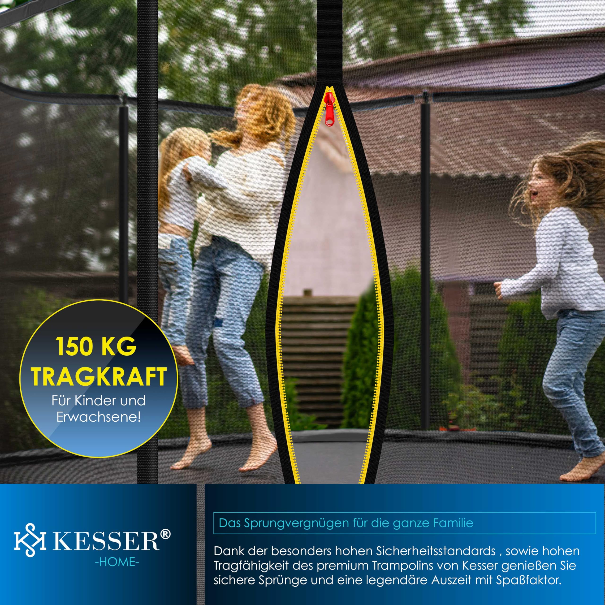 KESSER® Trampolino | Set Completo con Rete di Sicurezza, Scala, Copri Bordo e Accessori | Trampolino da giardino per bambini, 150 kg