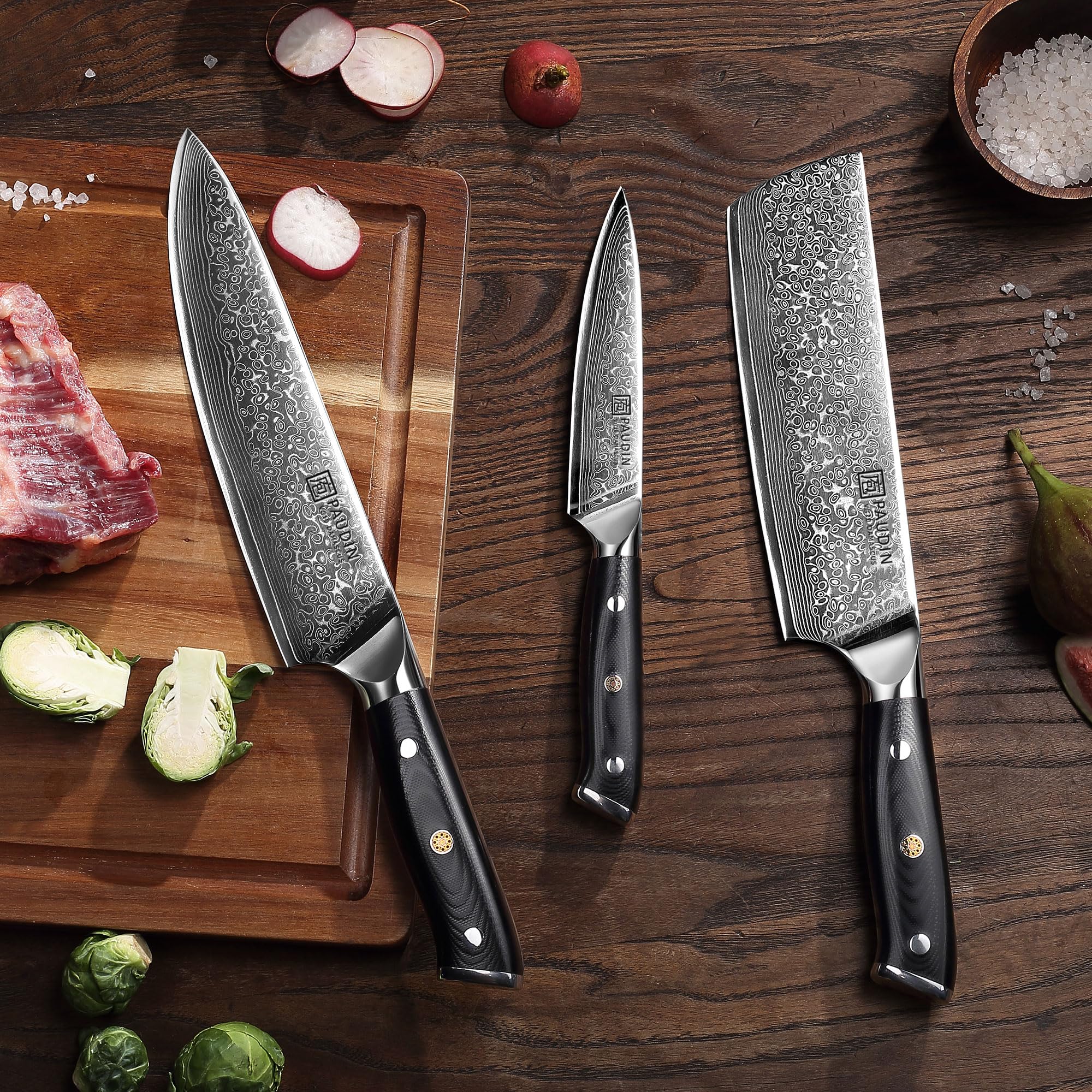 PAUDIN Set di 3 damascati in acciaio damascato ecologico e sostenibile, 67 strati VG10, con manico G10, coltello da cucina, coltello giapponese e multiuso ad alta durezza