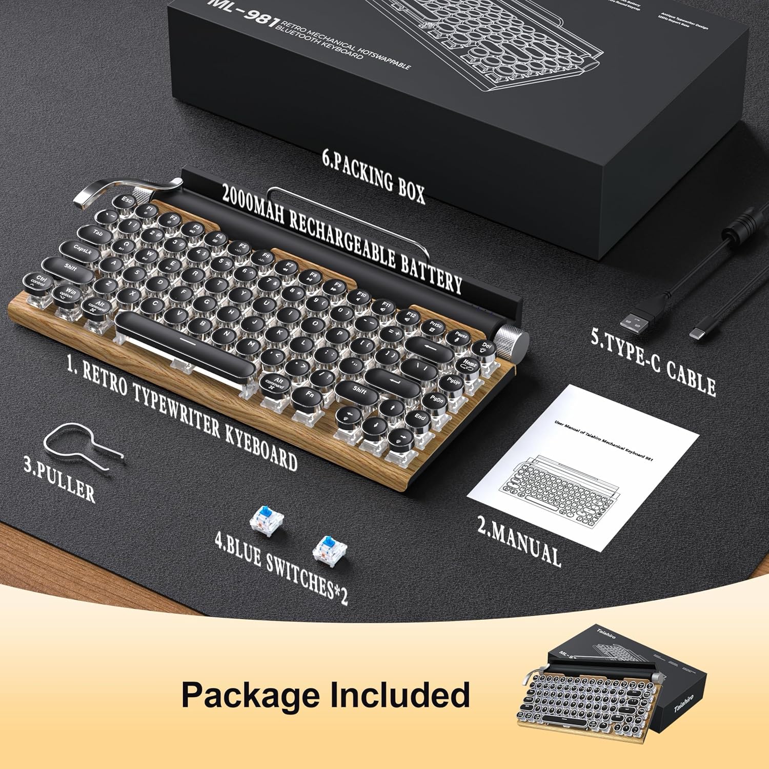 Retro Typewriter Mechanical Keyboard Wireless for PC/Laptop/Pad/Mac/Phones | Compact,Hot Swap Custom,Blue Axis,Vintage Punk Keycaps,Built-in Stand,Backlit,USB-C/BT5.0 for Gaming/Office/Home,83 Keys,Wood