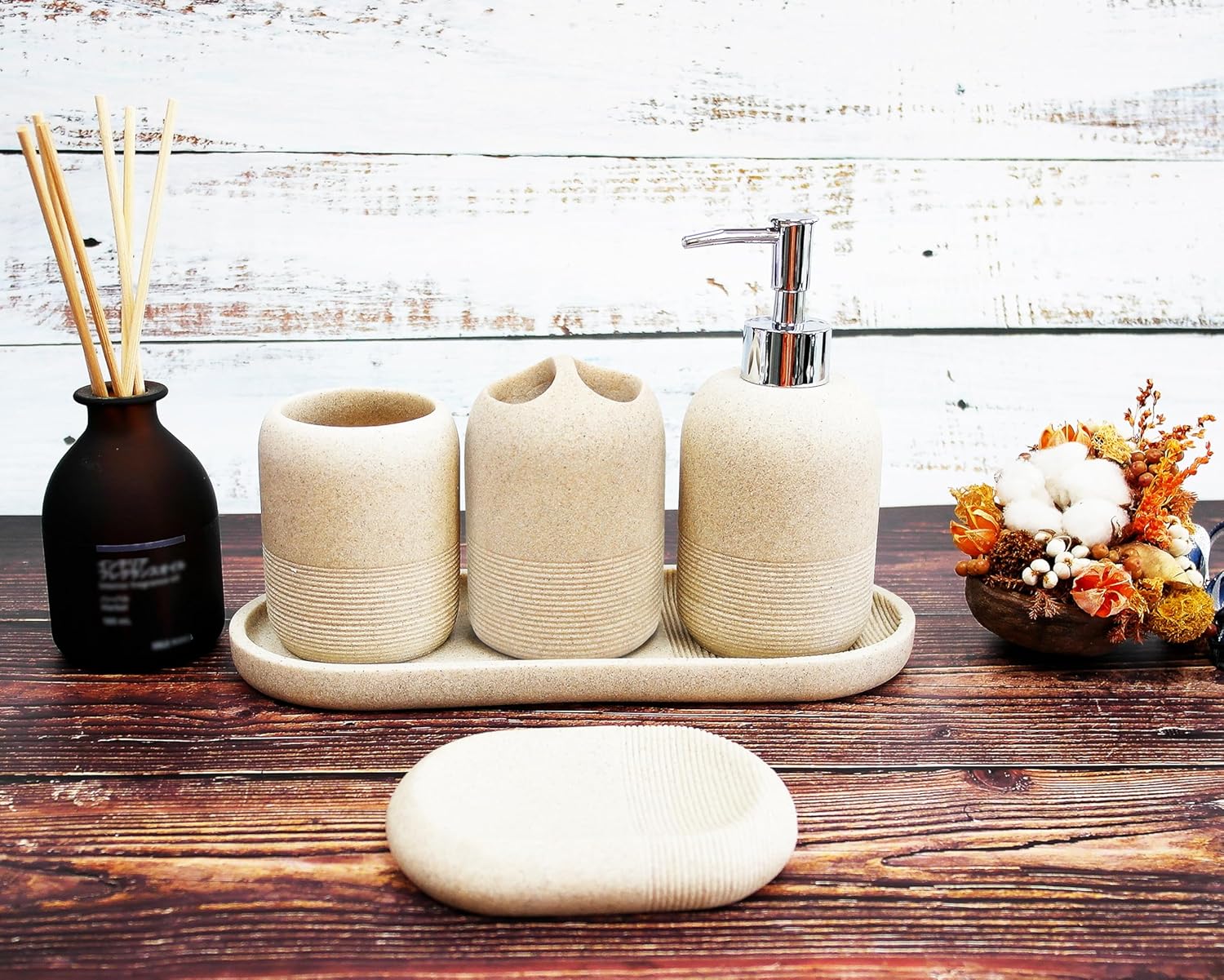 5-Pieces Bathroom Accessory Set - Lotion Dispenser/Toothbrush Holder/Tray/Tumbler/Soap Dish