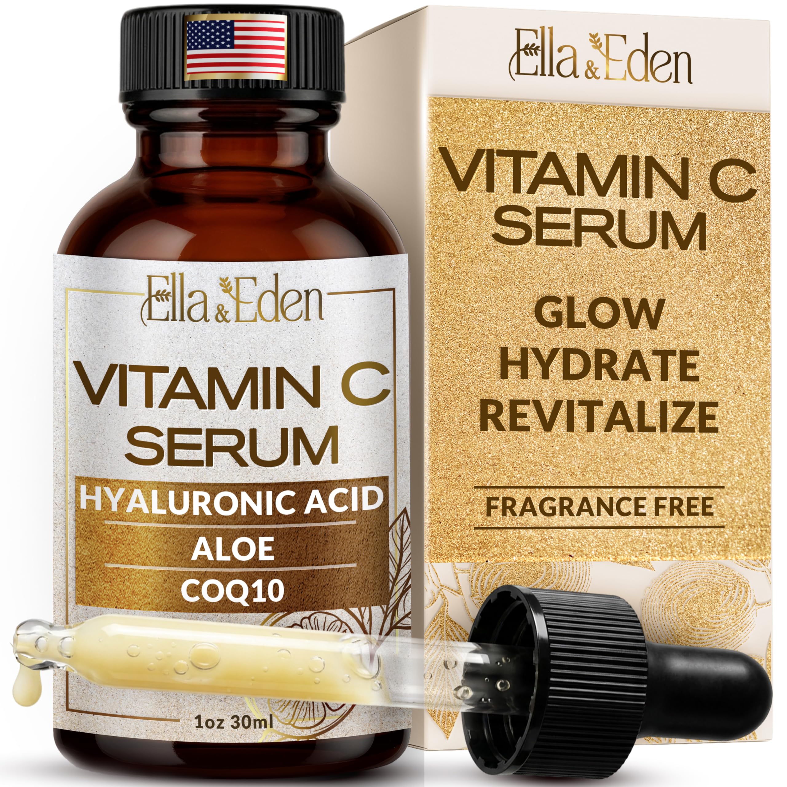 Ella & Eden Vitamin C Serum for Face - Hyaluronic Acid, Aloe Vera, Vitamin E, CoQ10 - Anti-aging, Skin Brightening - Paraben-Free, Fragrance-Free,