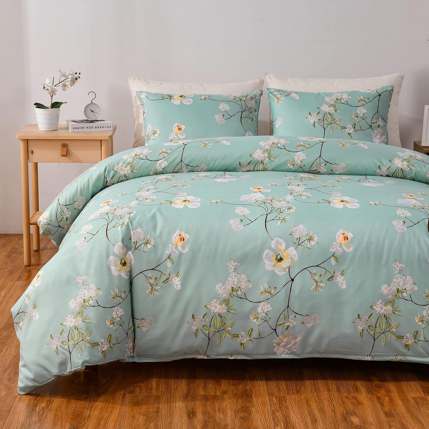 GETIANN Green Floral Duvet Cover Set King Comforter Cover 104"x90"with Pillow Shams Hotel Soft Lightweight Bedding Set