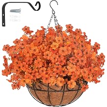 Artificial Fake Orange Fall Mums Flowers Planter Hanging Basket for Outdoor