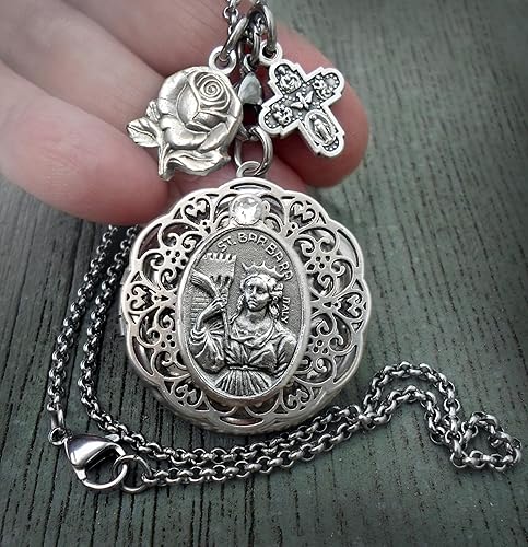 Miniatura 2 de St. Barbara Locket Necklace, Patron Saint Confirmation Gift, Catholic Devotions Jewelry Gift, Gift Boxed, Santa Barbara