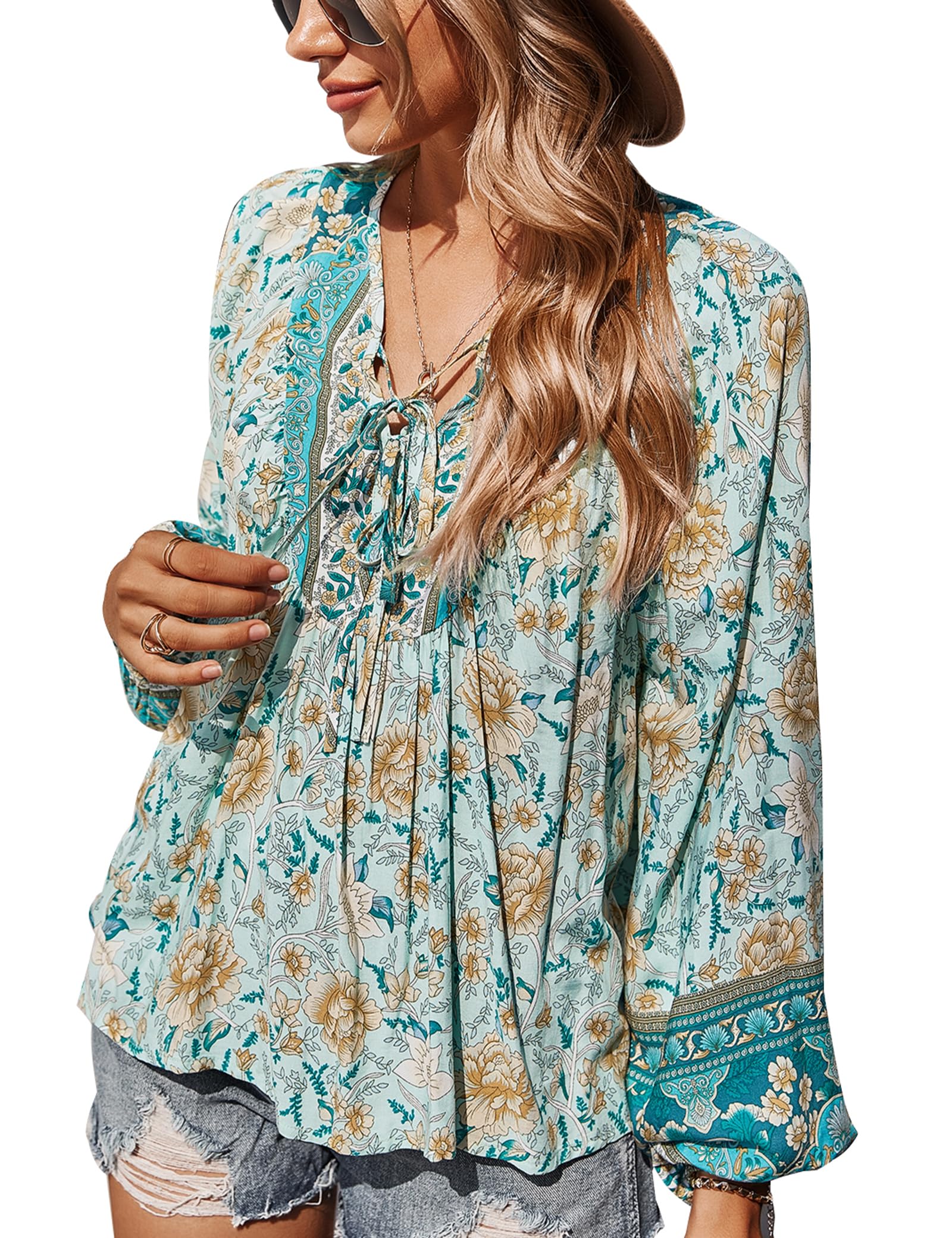CNTSFS Bluse Damen Elegant Lässige Boho V-Ausschnitt Blumenmuster Lose Tunika Damen Langarm Sommer(Blau L)