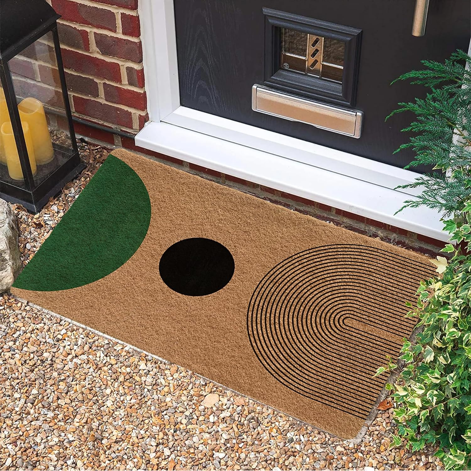 Mid Century Modern Boho Door Mat - Boho Welcome Mat, Modern Green and Black Indoor/Outdoor Entrance Mat, 17x30 Inch