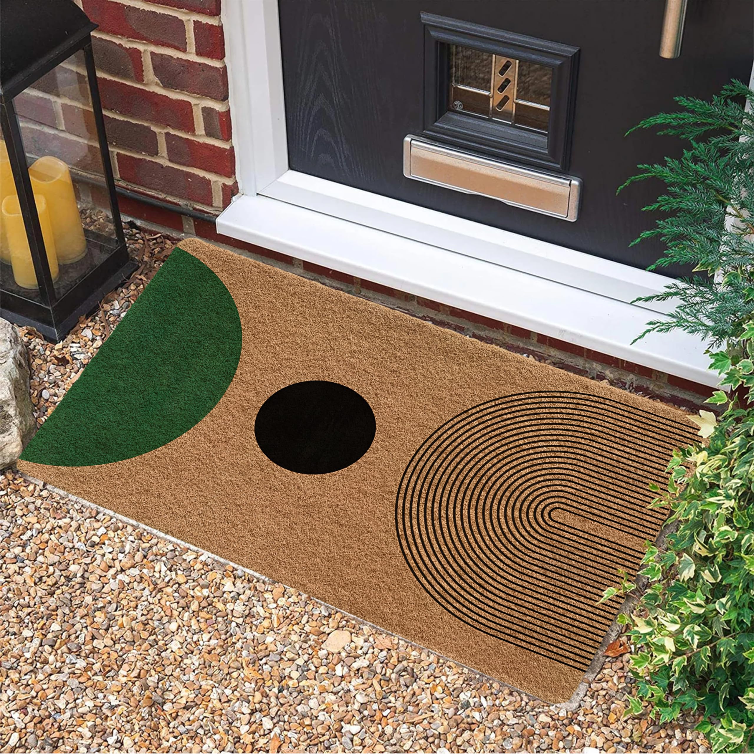 Luvadian Mid Century Modern Boho Door Mat - Boho Welcome Mat, Modern Green and Black Indoor/Outdoor Entrance Mat, 17x30 Inch