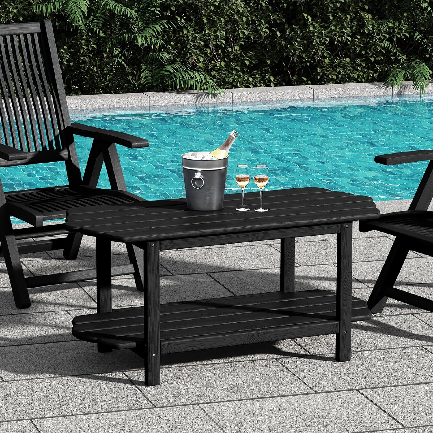 Adirondack Outdoor Patio Table-2 Tier Black Coffee Table Irregular Outside Table for Backyard Pool