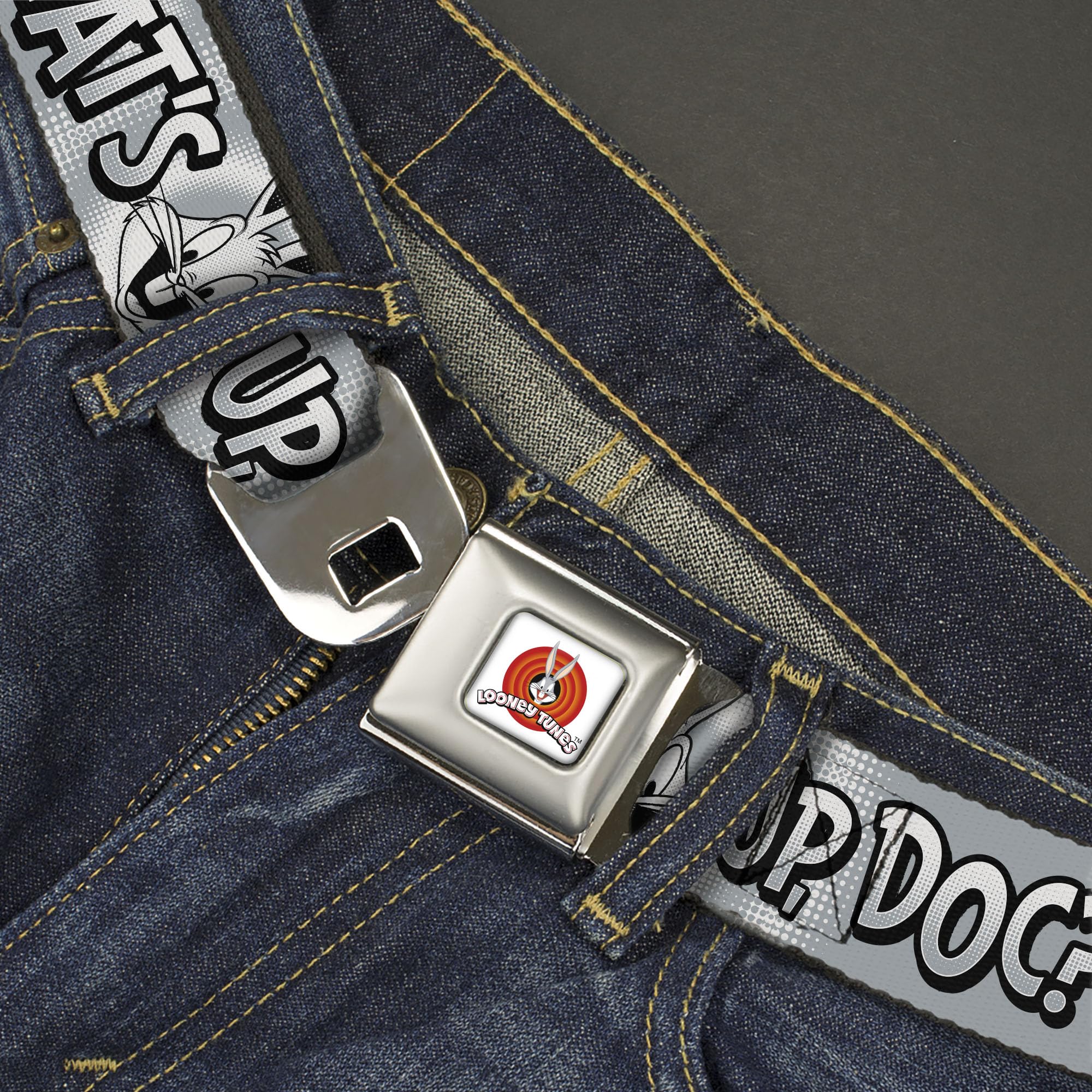 Looney Tunes Belt, Seatbelt Buckle, Bugs Bunny Whats Up Doc Pose and Text Grays
