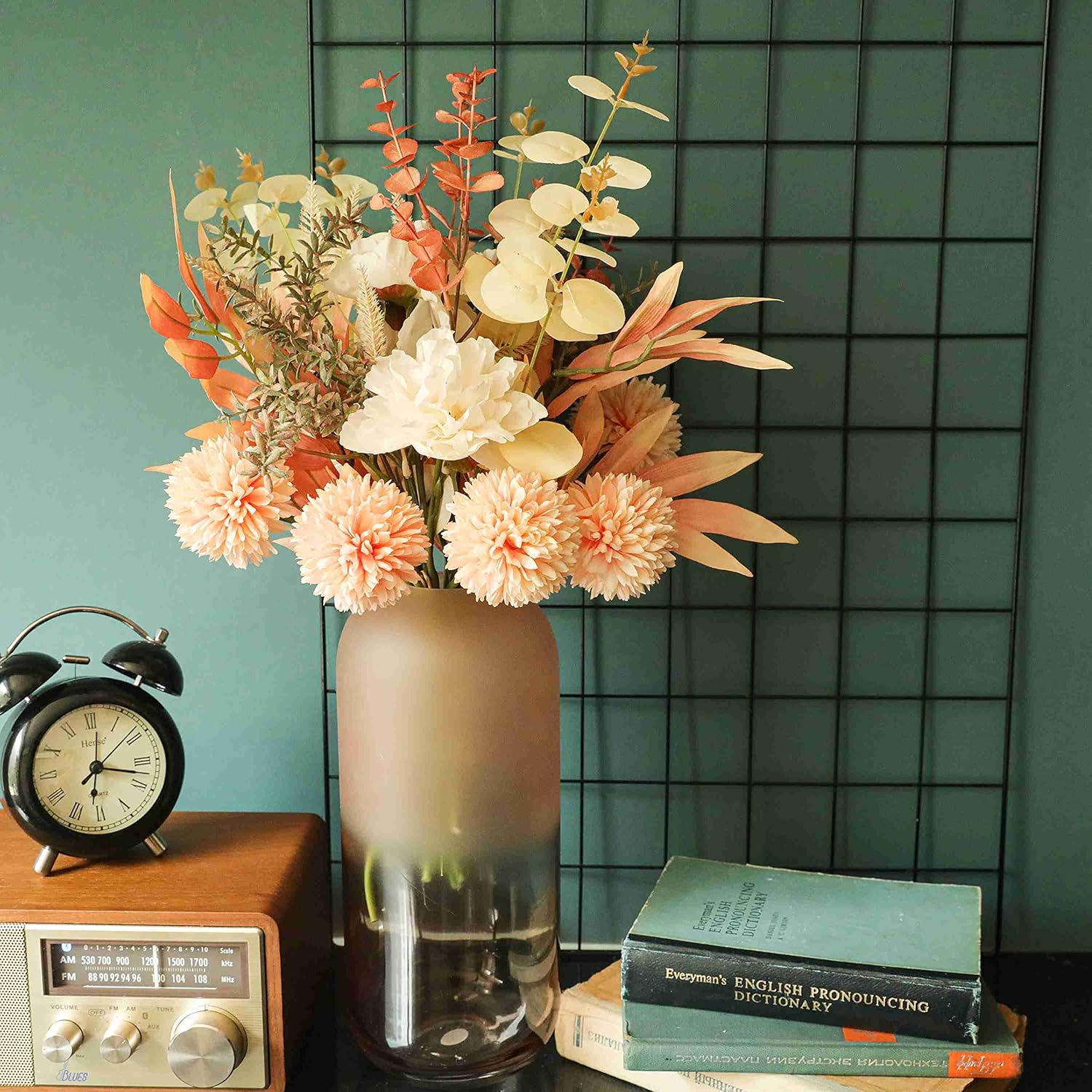 2Packs Artificial Faux Flowers Plant Silk 17.3" Fall Flower Arrangement Boho Style Bouquets Floral Rustic Decoration Table Centerpieces for Home Kitchen (Romantic Elegant Neutral Pink Coral Color)