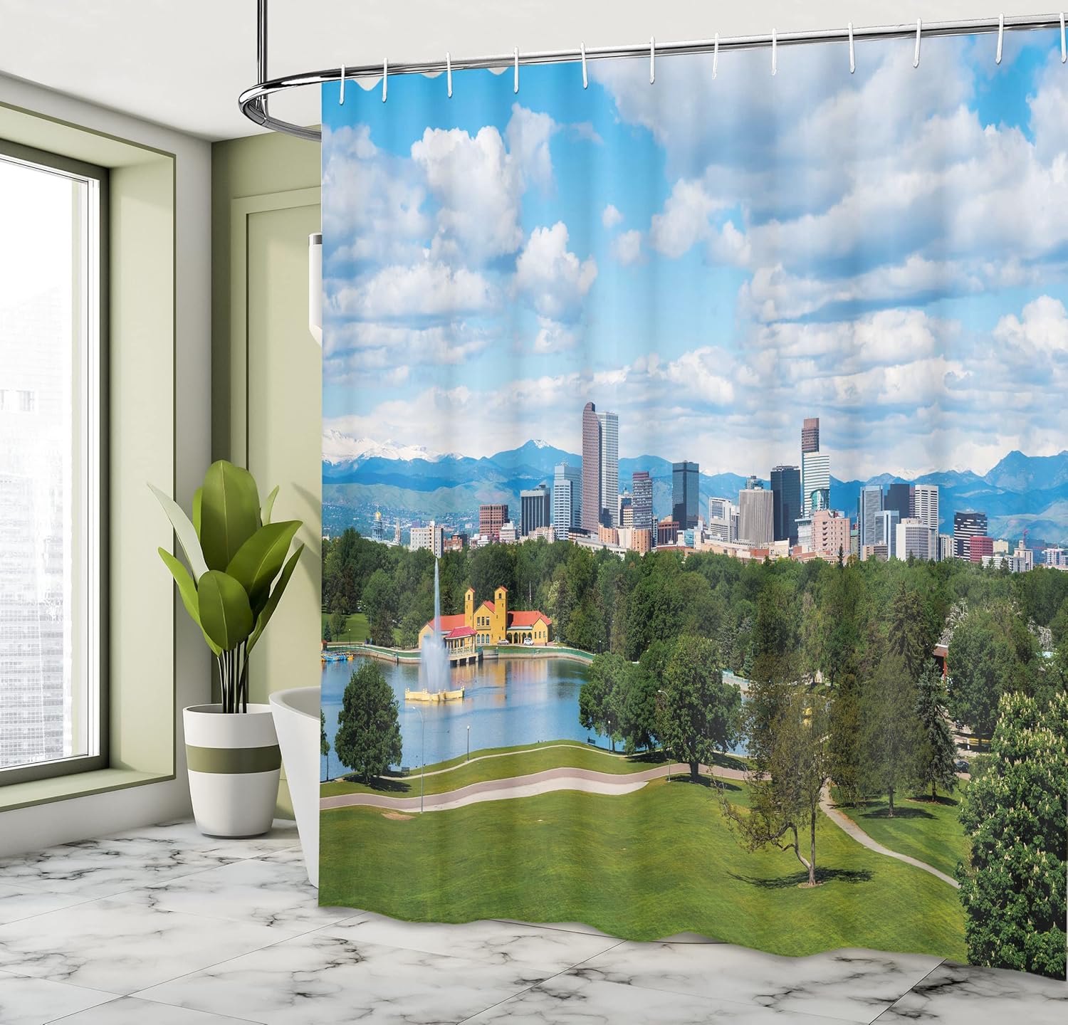 Ambesonne Urban Shower Curtain, City Park at Denver Colorado Downtown Tree and Architecture Sunny Panorama, Cloth Fabric Bathroom Decor Set with Hooks, 69" W x 70" L, Sky Blue Fern Green