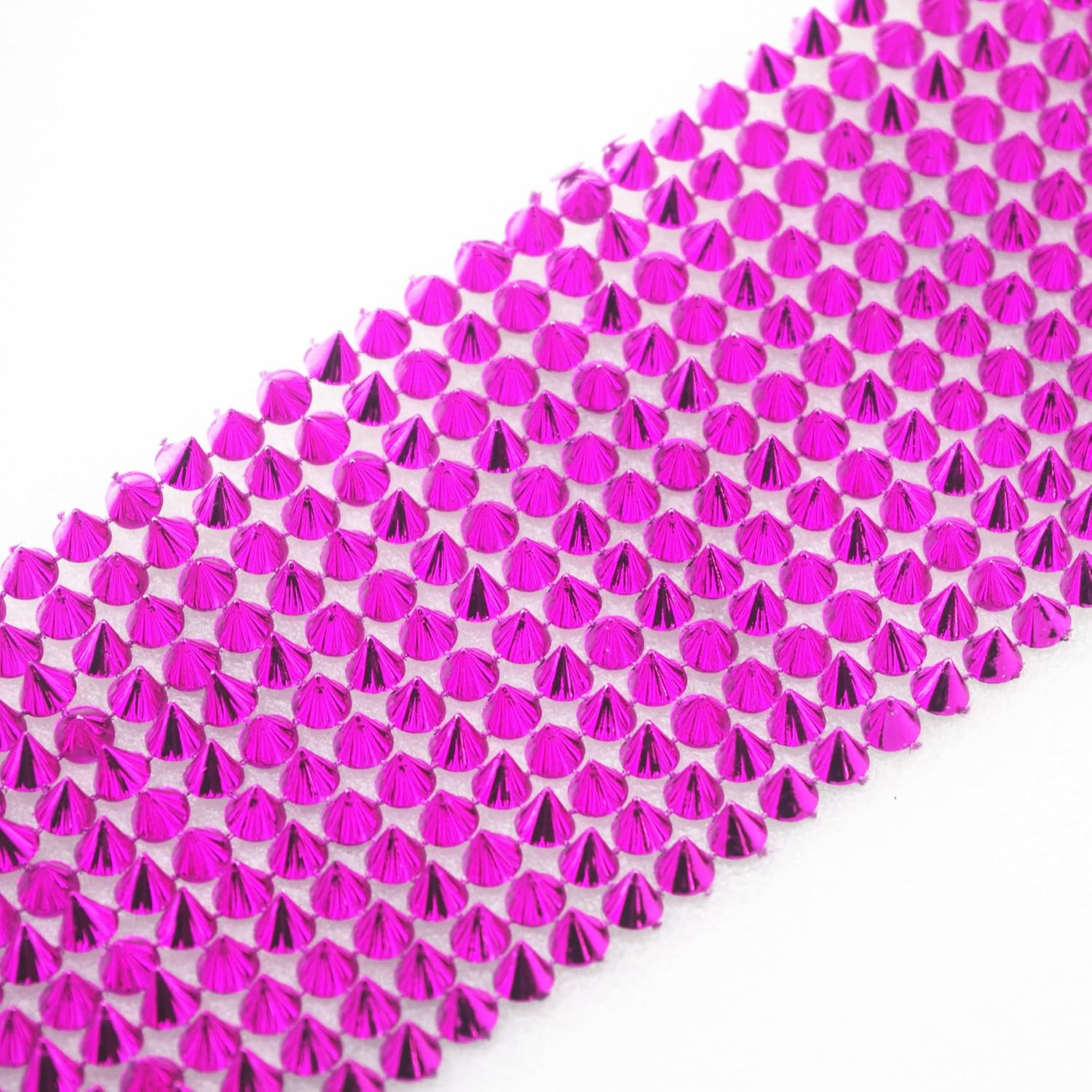 2/3 Yard Sew Stitch On Spike Stud Cone Flatback Punk Rock Trim Chain Mesh Bead Craft (Fuchsia)