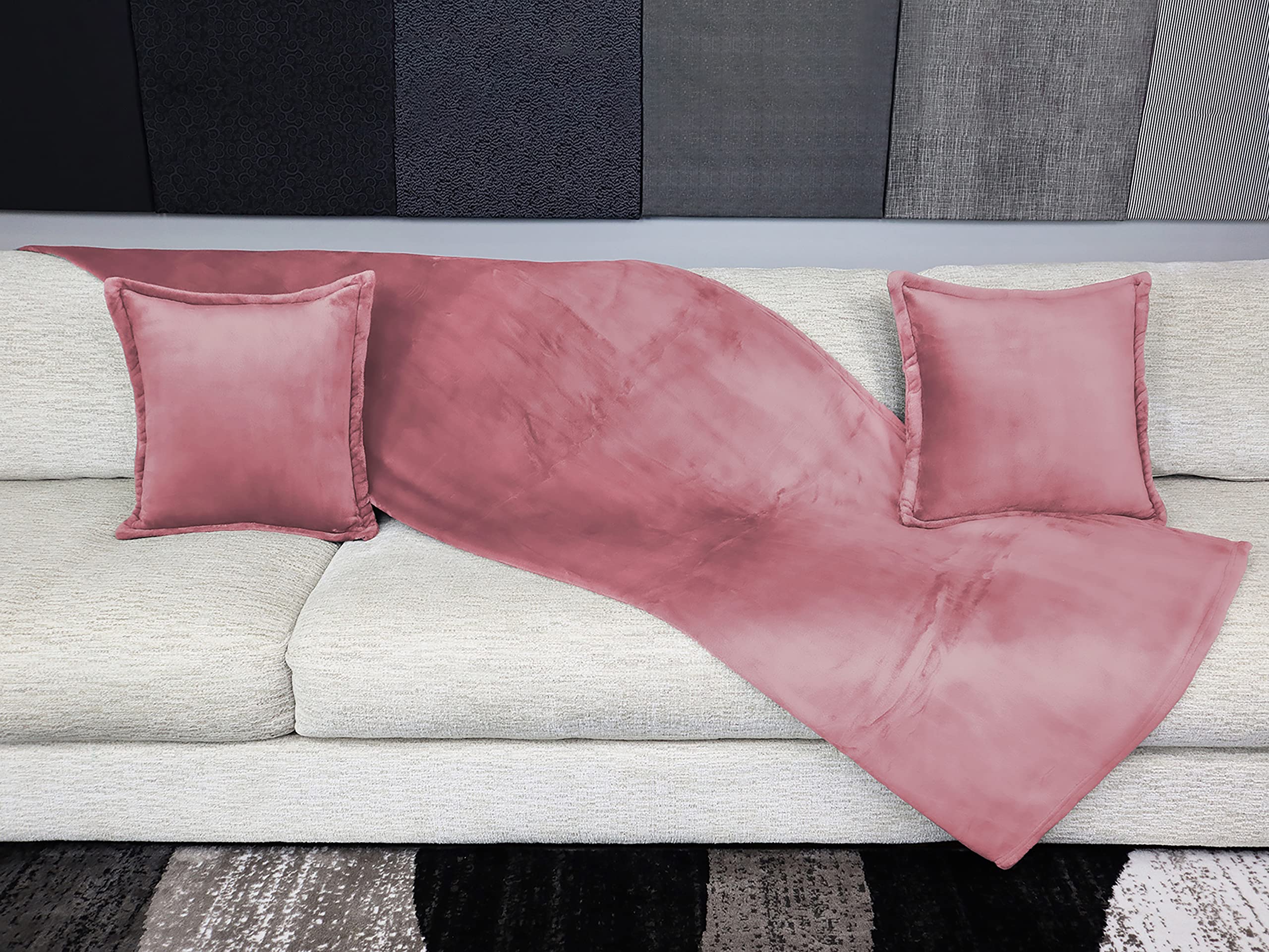 Ocomfly Premium Fleece Throw Blanket and Pillow Set - Soft, Warm, and Stylish for Couch or Bed - Pink With Matching Square Pillow Covers
