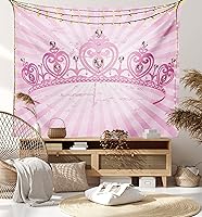 Vista 8 de Ambesonne Tapiz de reina con temática de corona de dibujos animados en forma de corazón rosa sobre fondo radial, decoración romántica para colgar