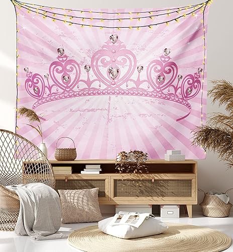 Vista 8 de Ambesonne Tapiz de reina con temática de corona de dibujos animados en forma de corazón rosa sobre fondo radial, decoración romántica para colgar
