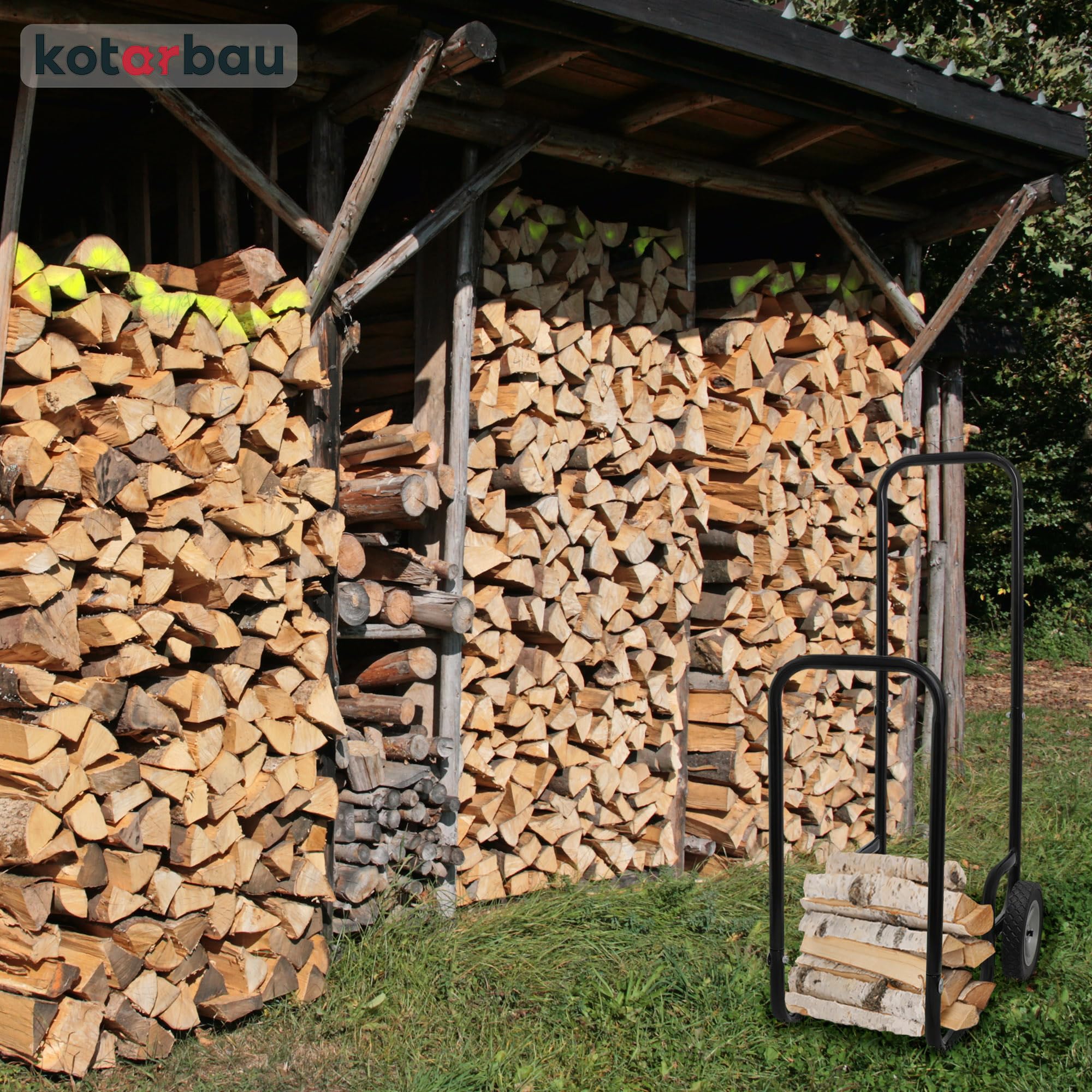 KOTARBAU® Carrello per legna da ardere con ruote, carrello in legno, 102 x 54 x 41 cm, 80 kg, colore nero, verniciato a polvere, per legna da ardere e legna da ardere