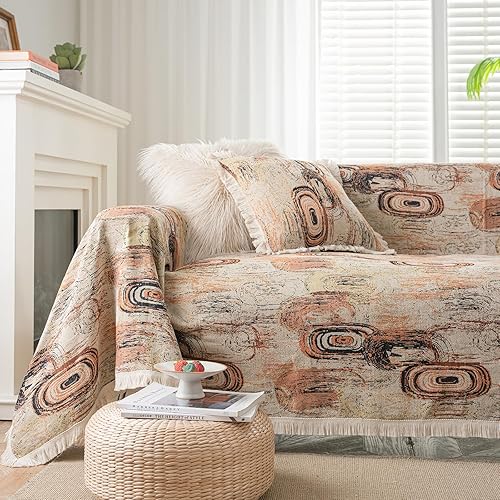 Miniatura 22 de vctops Fundas de sofá jacquard vintage para sofá seccional, patrón geométrico con flecos, protector de sofá para perros, loveseat futón funda en