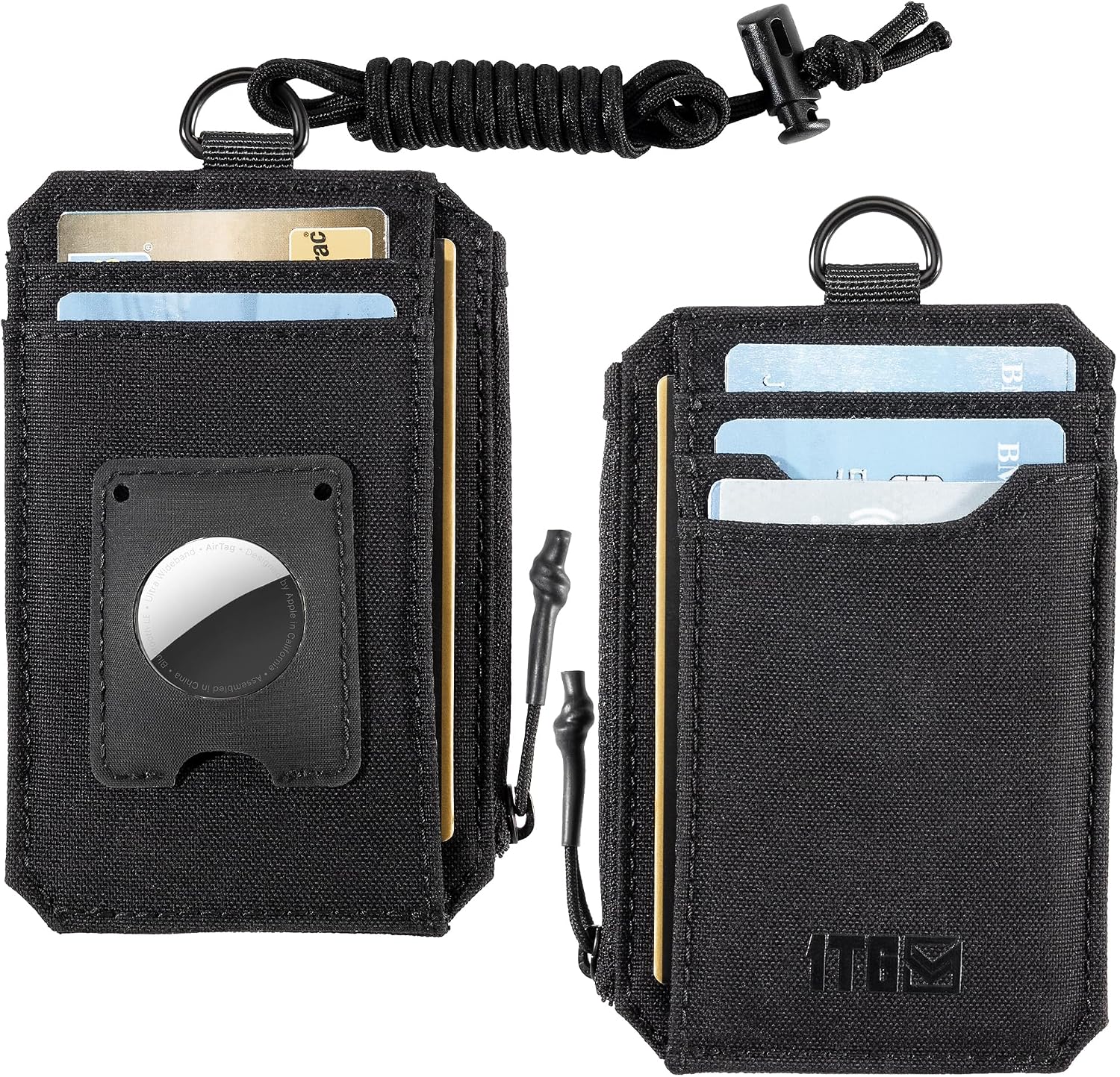 1TG Men's RFID Protection Slim Wallet 500D Nylon Wallet with Zip Minimalist Wallet Card Case for 5+ Cards/AirTag Exclusive/Cash/Coins Black