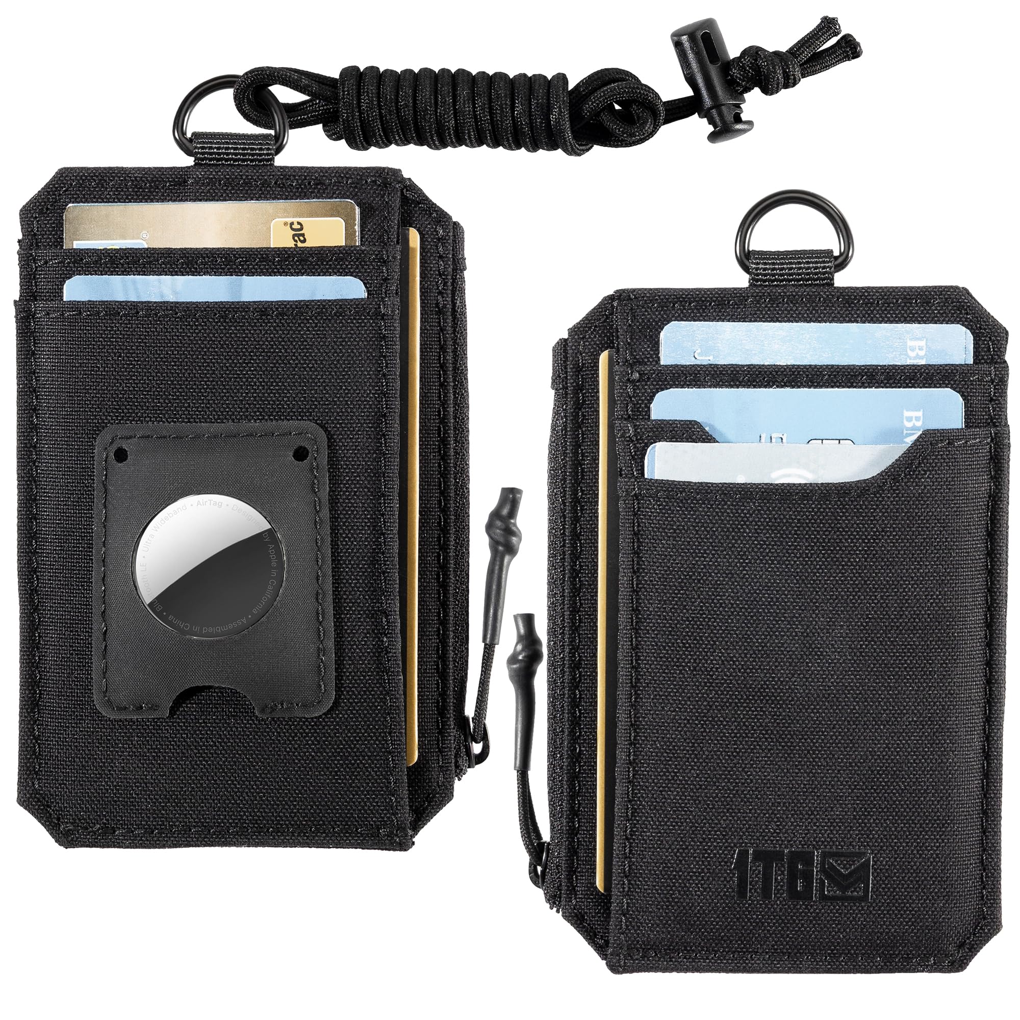 1TG Tatical portfel męski Slim Wallet 500D, nylonowy portfel z ochroną RFID, zamek błyskawiczny, minimalistyczny portfel, etui na karty kredytowe, na 5+ kart, AirTag/gotówkę, monety, czarny, 12.6*8.5