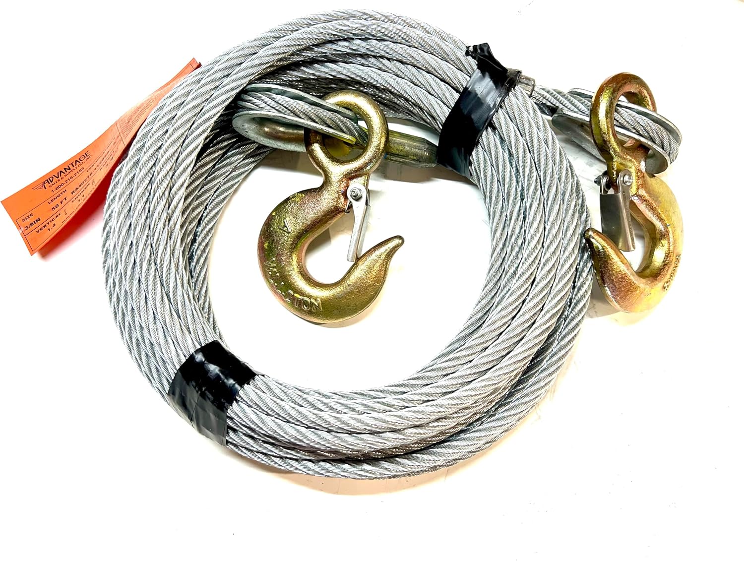 3/8", 7x19, Galvanized Steel Tow Cable, 14400 lb Breaking Strength (50 ft with 2 Ton Eye Hooks)