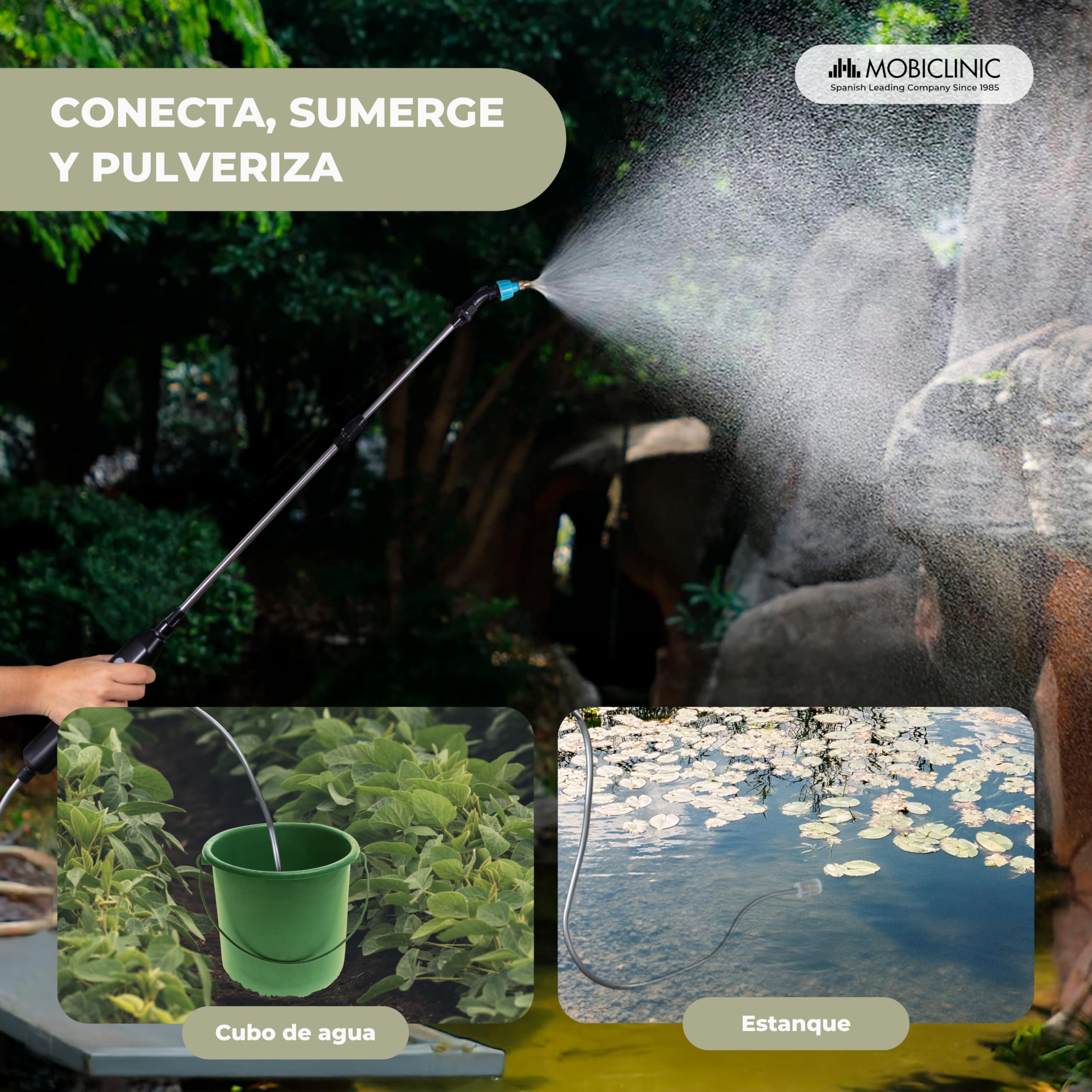 Mobiclinic®, Pulverizador Eléctrico, Manguera 3M, 4 Boquillas Intercambiables, 2 Potencias, Autonomía 2 a 3h, Varilla Extensible 60-85 cm, Carga USB, Mango Ergonómico, Riego y Limpieza, Profumig