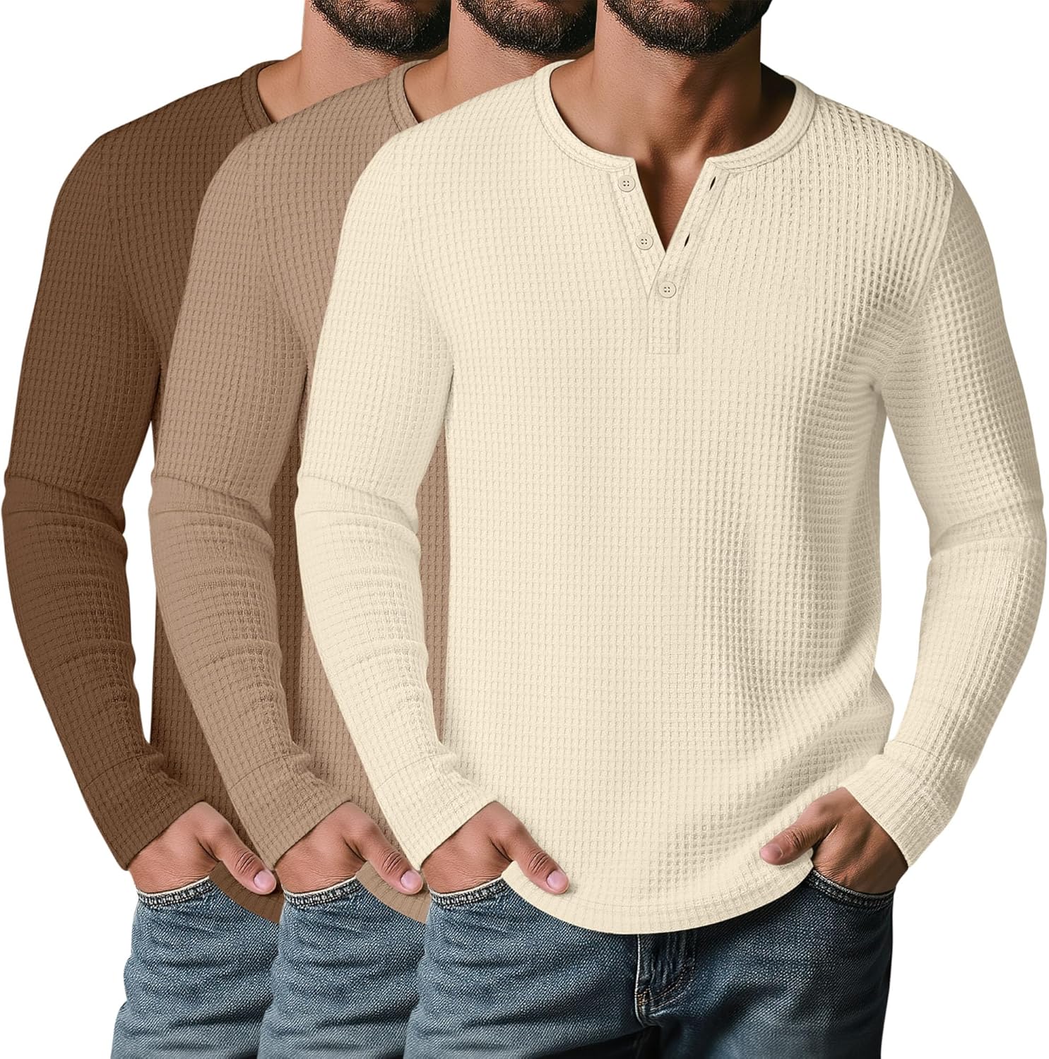 3 Pack Men’s Waffle Henley Shirts, Long Sleeve Button Tops Casual Basic T-Shirts Li...