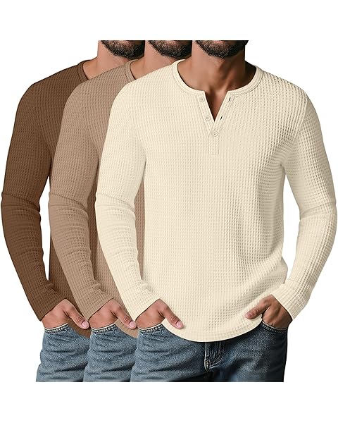 3 Pack Men’s Waffle Henley Shirts, Long Sleeve Button Tops Casual Basic T-Shirts Li...