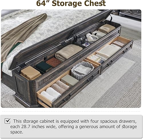 Miniatura 4 de T4TREAM Cama Queen de granja con cabecera y banco de almacenamiento, cama de plataforma de madera rústica con baúl de almacenamiento de 64 pulgadas