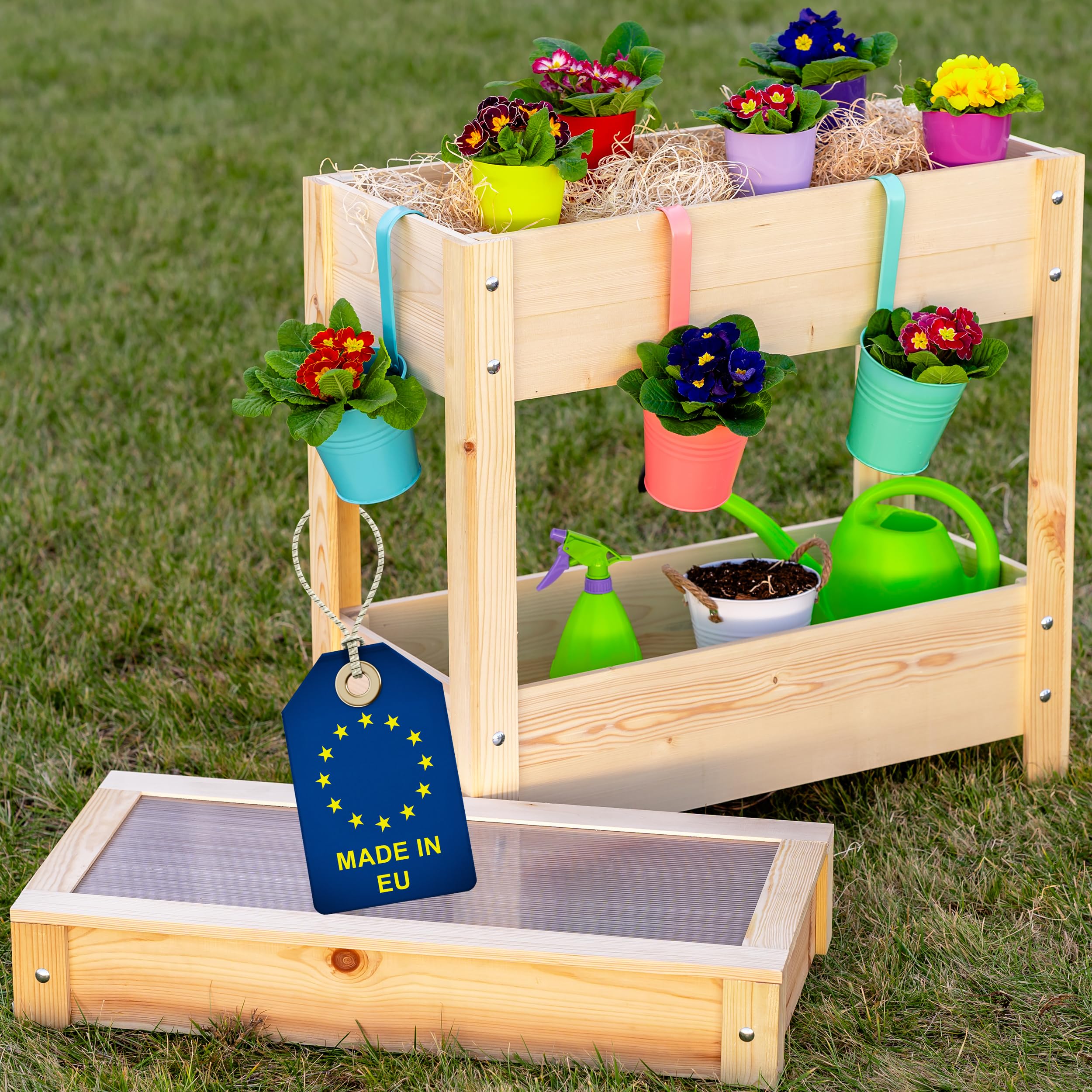 ITA Carré Potager surélevé en Bois - Mini Serre Châssis Incluse - 2 Jardinières sur Pied avec Feuille de Protection - pour Fleurs, légume, Herbes - Nature