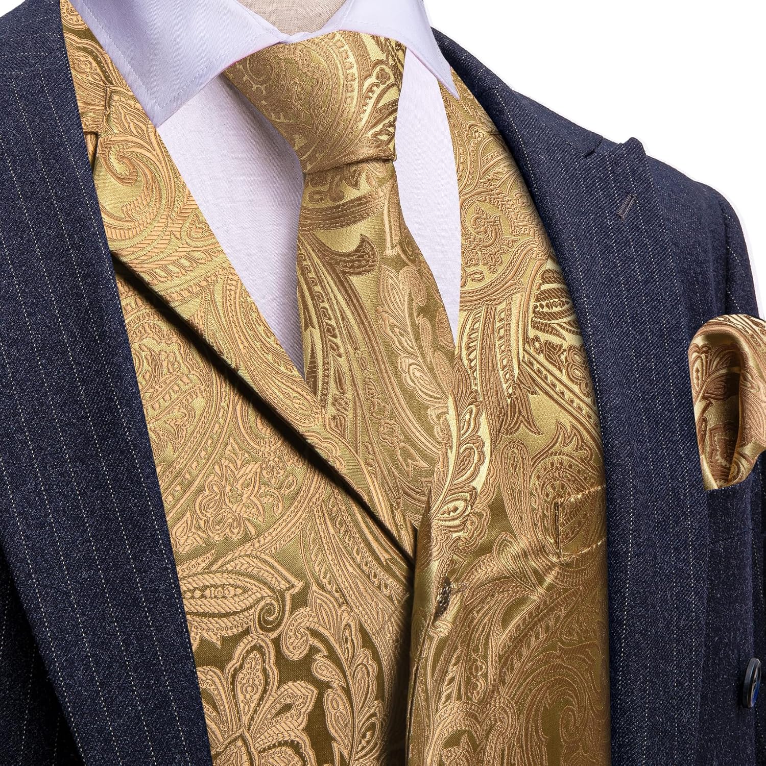 Barry.Wang Mens Silk Lapel/Shawl Collar Vest Tie Sleeve Holder Set Formal/Casual Paisley Vests Wedding Tuxedo Waistcoat - Image 2
