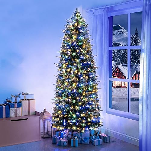 Naomi Home 7.5ft Christmas Tree with Multi-Color Lights, Realistic Fir Christmas Tree with Colored Lights with Controller, 2258 Branch Tips, 700 Colorful Lights and Metal Stand, Pre Lit Christmas Tree