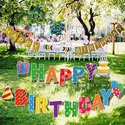 Miniatura 7 de Yulejo Letreros de feliz cumpleaños de 17 piezas, letras de 16 pulgadas, letreros de césped con estacas, impermeables, multicolor, estilo