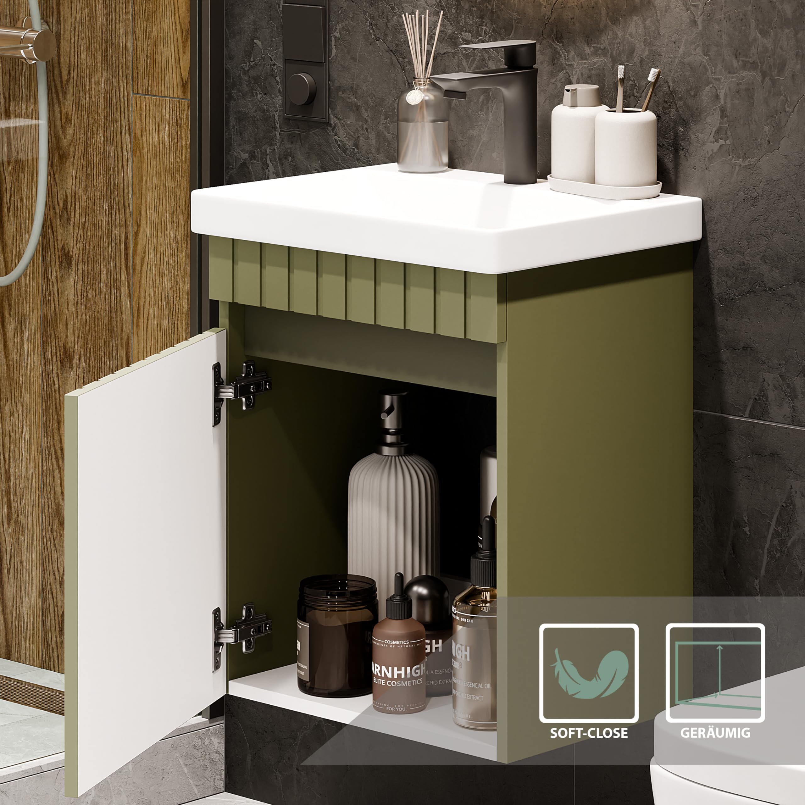 Planetmöbel Cosmia - Set de muebles de baño con lavabo y armario bajo 50 x 60 x 35 cm, color verde menta, grifo de baño negro, lavabo de cerámica con puerta