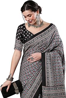 SAREE MALL Women's Ajrak Block Print Dola Silk Saree With Unstitched Blouse Piece