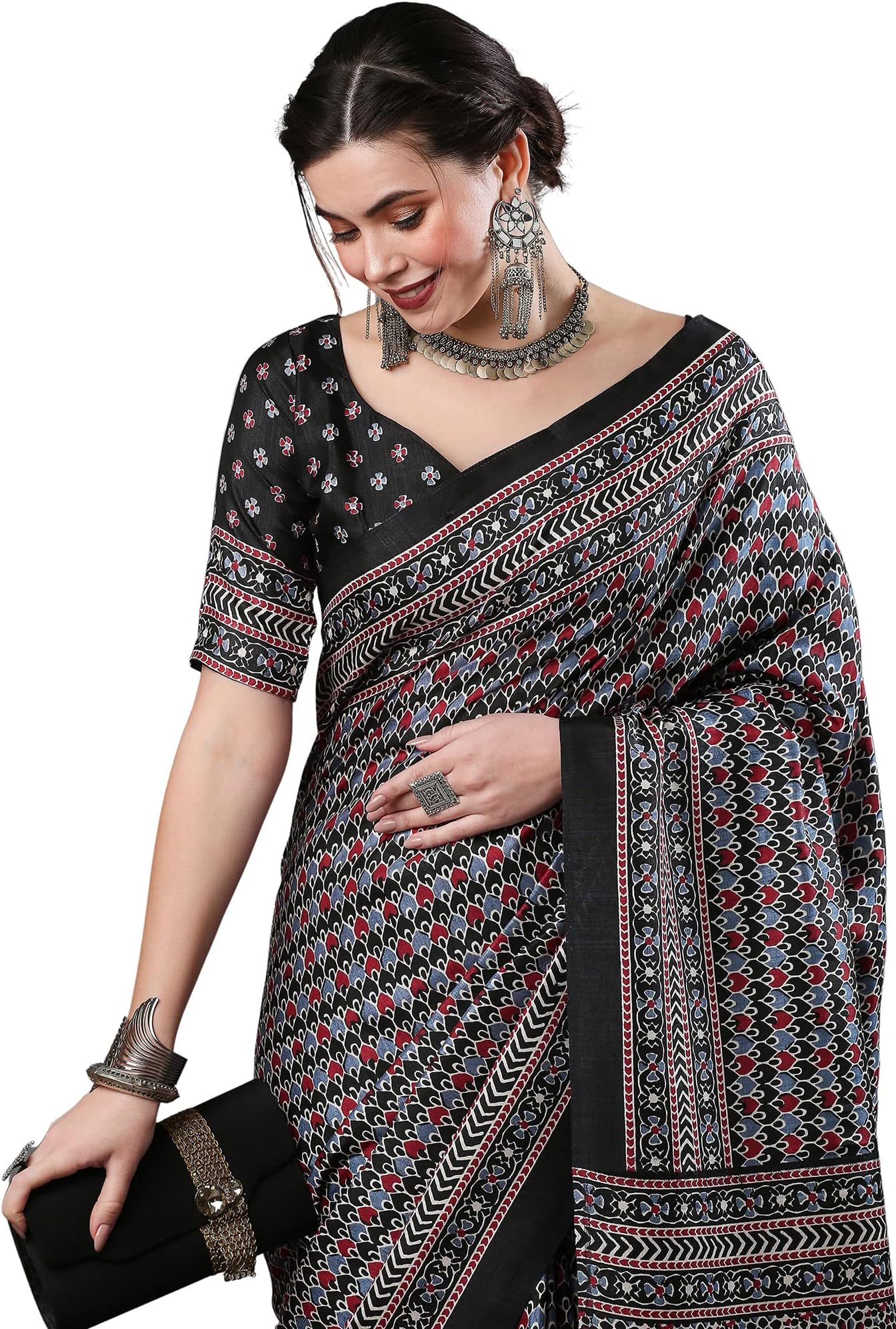 SAREE MALL Women's Ajrak Block Print Dola Silk Saree With Unstitched Blouse Piece