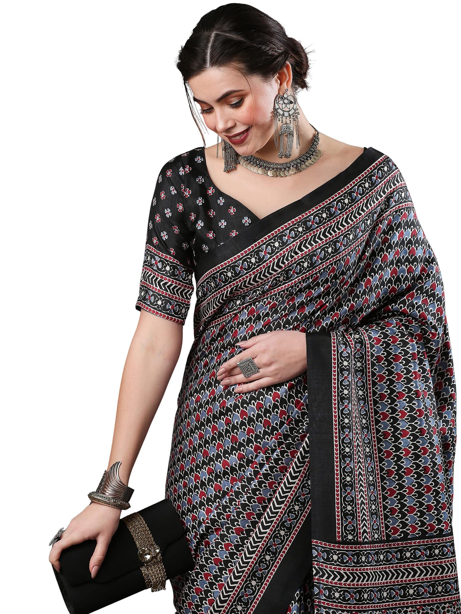 AKHILAM Women's Ajrak Block Print Dola Silk Saree With Unstitched Blouse Piece
