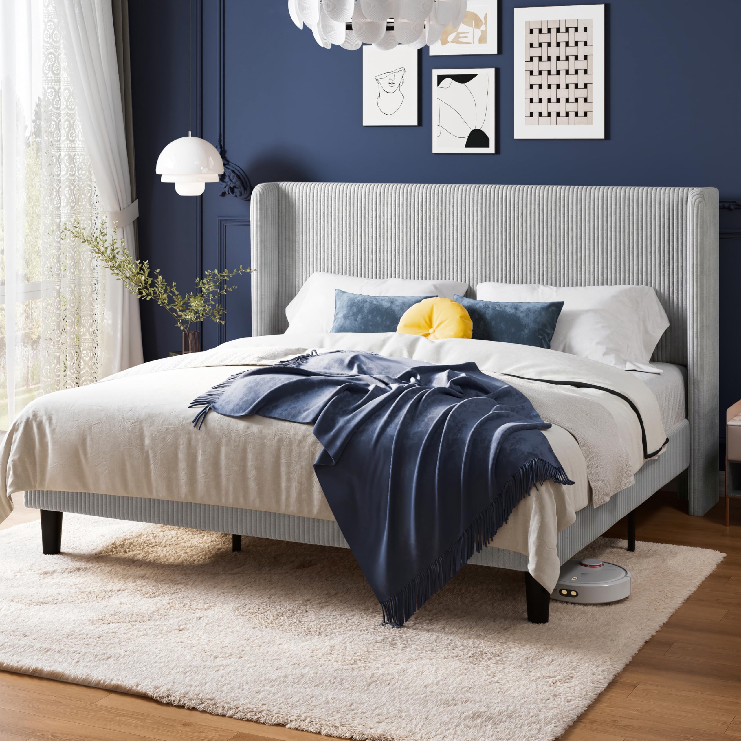 Allewie King Size Platform Bed with Corduroy Wingback Headboard, Light Grey