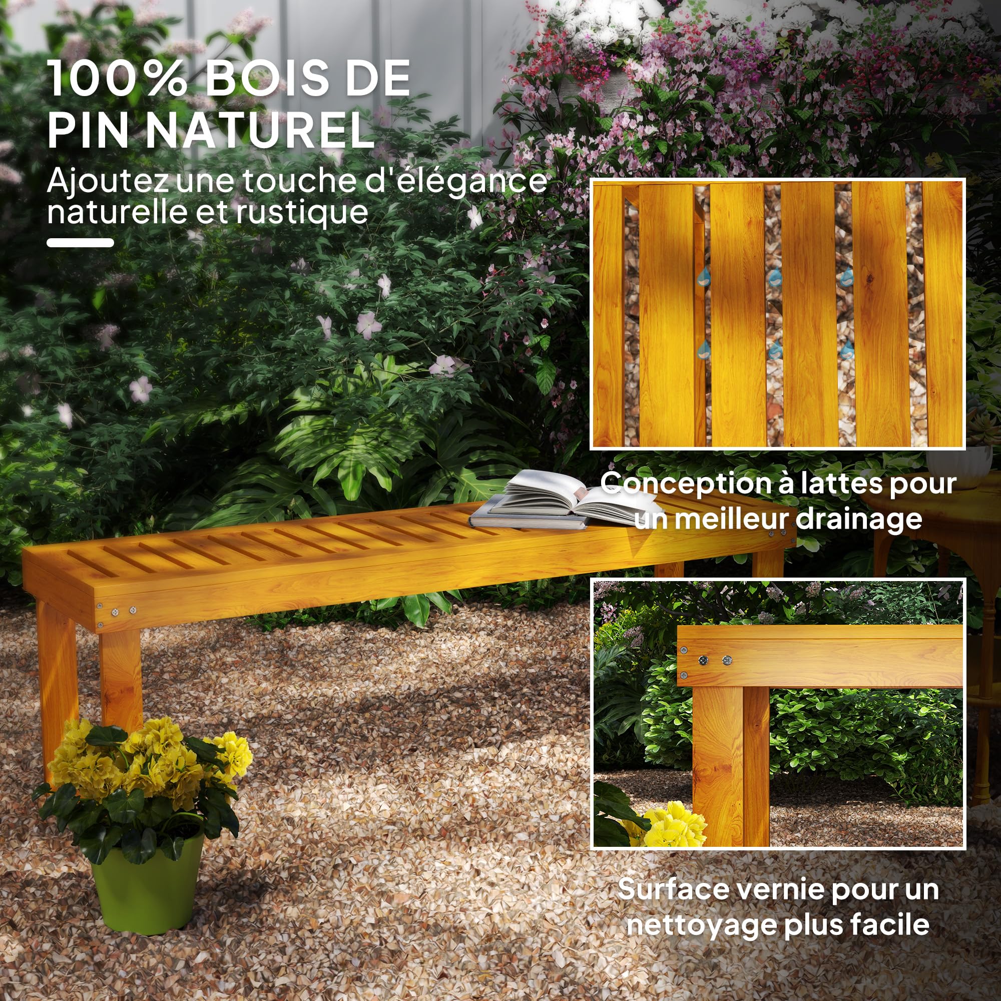 Outsunny Banc de Jardin, Banc en Bois de pin 2 Places, Banquette de Jardin, Assise à Lattes, 132 x 34 x 43 cm, Bois Naturel