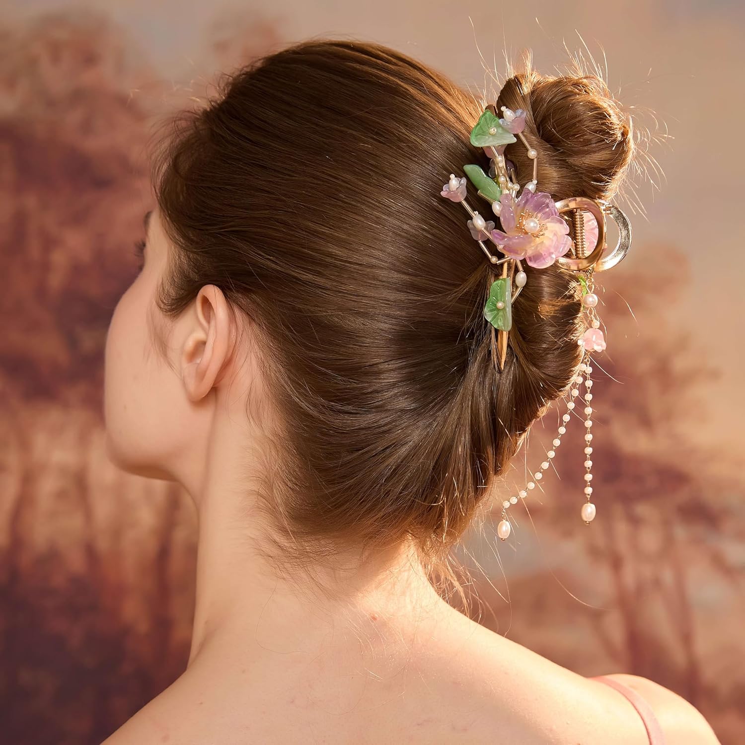 Jewelry Blossom Lavender Peony Hair Claw with Tassel, 4.5 Inch, Pink, Crystal Embellished, Acrylic Hair Decorations, Updo Hair Claw Clips, Gifts for Her, Romantic Hairstyle, Flower Hair Claw Clips