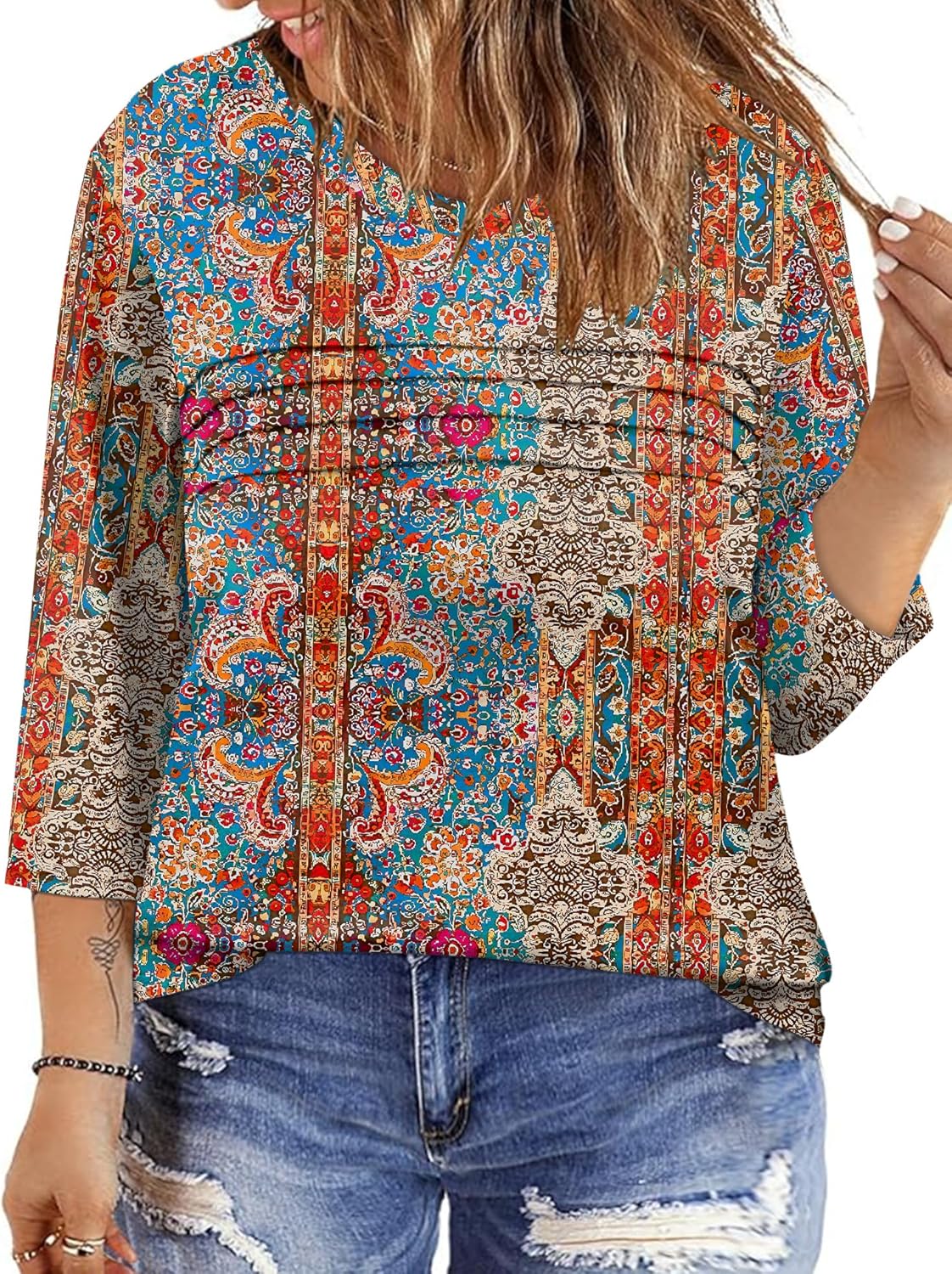 LOMON Plus Size Women Blouses 3/4 Length Sleeve Tops Crewneck Pleated Casual Tees Shirts 1X-5X - Image 2