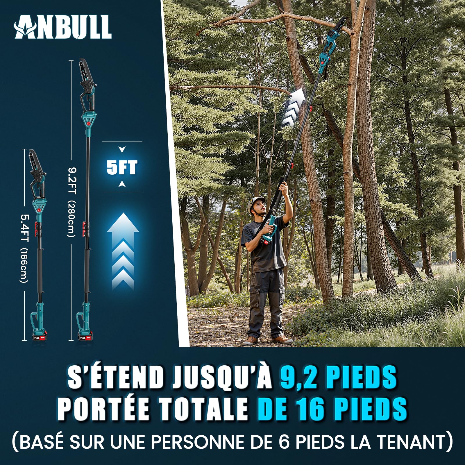 Anbull 2-en-1 Elagueuse Sur Perche Electrique, 8" Mini-Tronconneuse telescopique, 1200W Moteur Brushless, 2×4000 mAh Batteries, Portée 4,8 m, Idéale Pour Arbres Et Branches