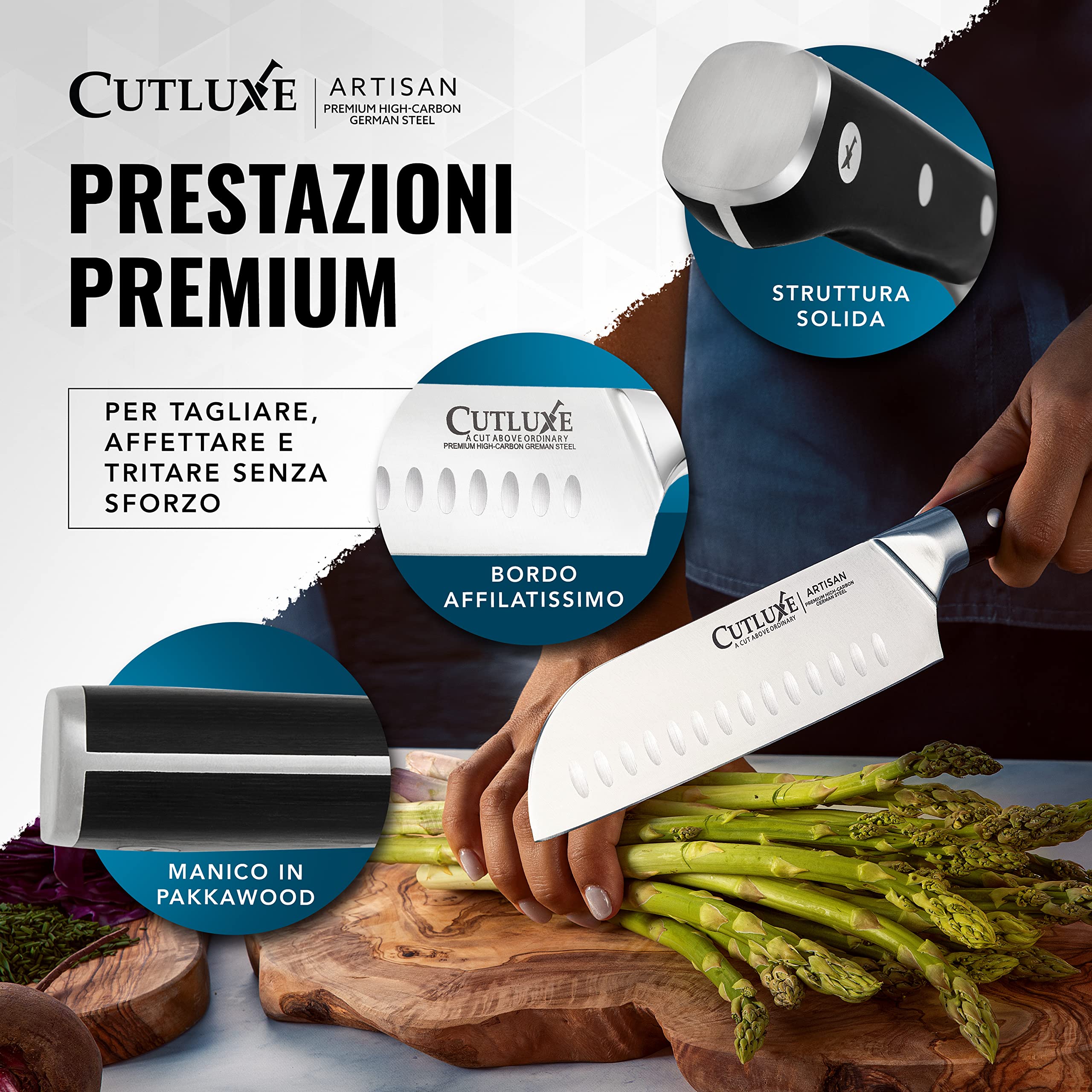 Cutluxe Coltello Santoku - 18cm Coltello Giapponese Professionale Con Guaina - Acciaio al Carbonio, Lama Affilata e Resistente - Artisan Series