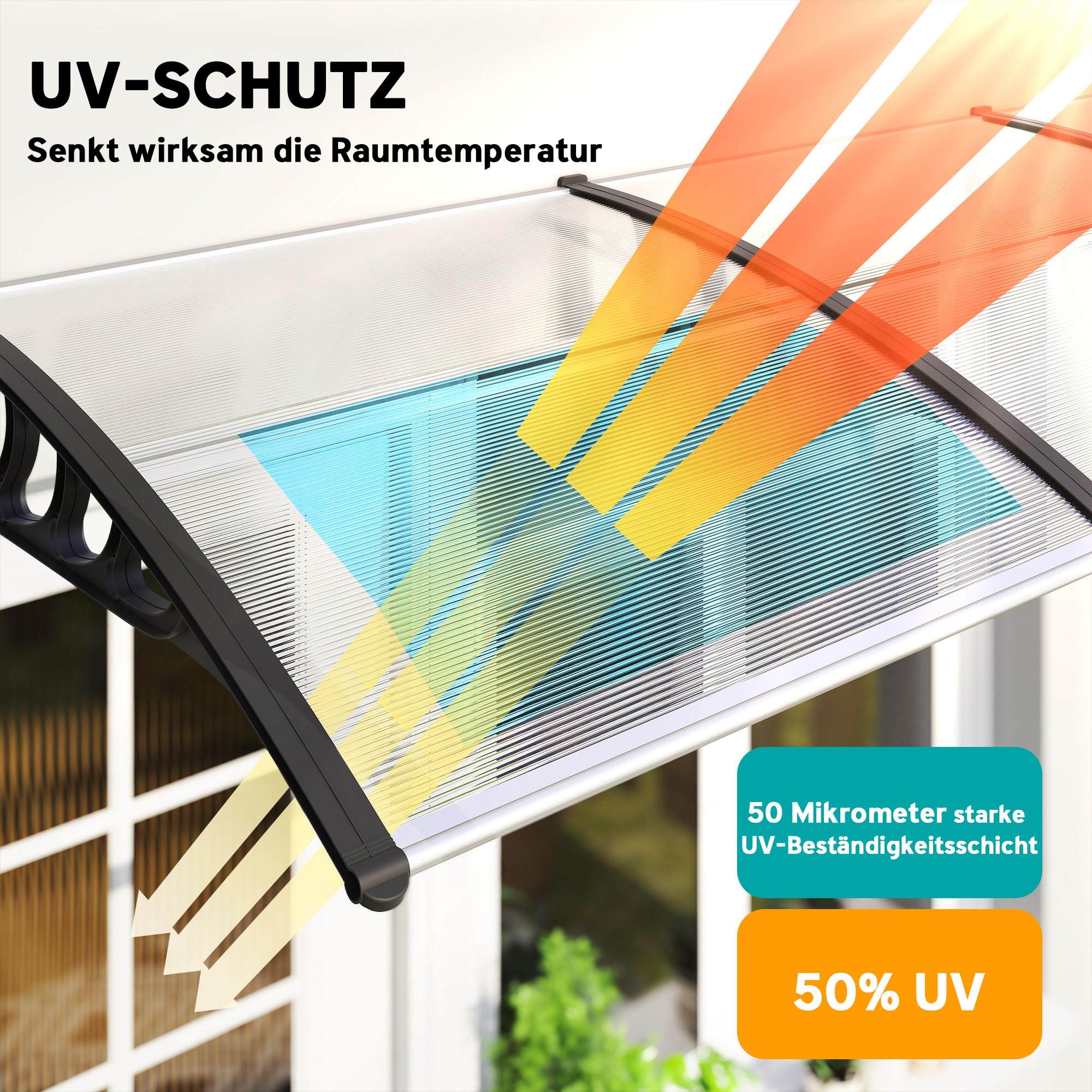 Outsunny zadaszenie drzwiowe 303 x 96 x 27 cm z ochroną UV, osłona przed deszczem i słońcem na zewnątrz, aluminiowe wsporniki, czarne