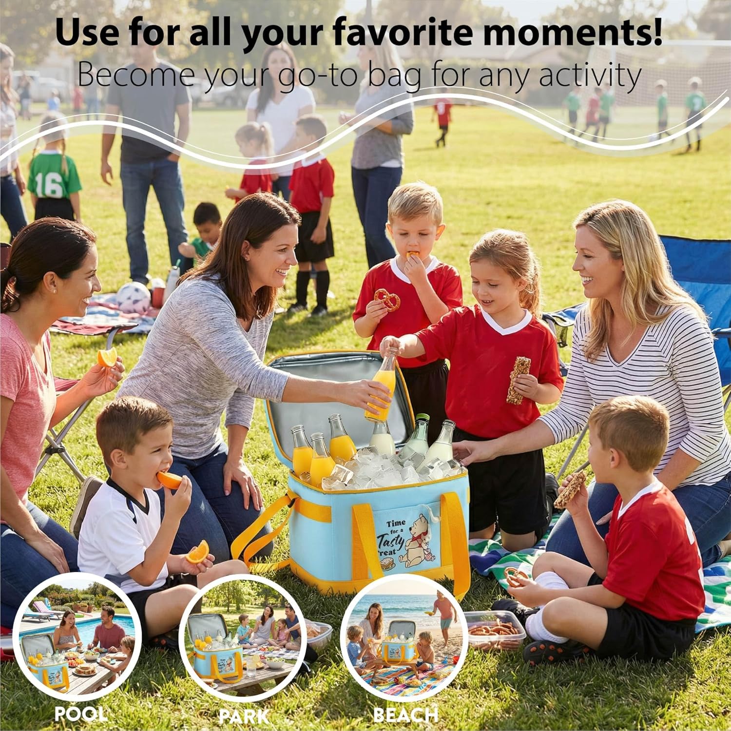 Disney Winnie the Pooh Kids Insulated Cooler Bag, Soft Cooler Tote with Adjustable Strap & Front Pocket, Water-Resistant Lunch & Picnic Bag, Holds Up to 24 Cans for Beach, Travel & School