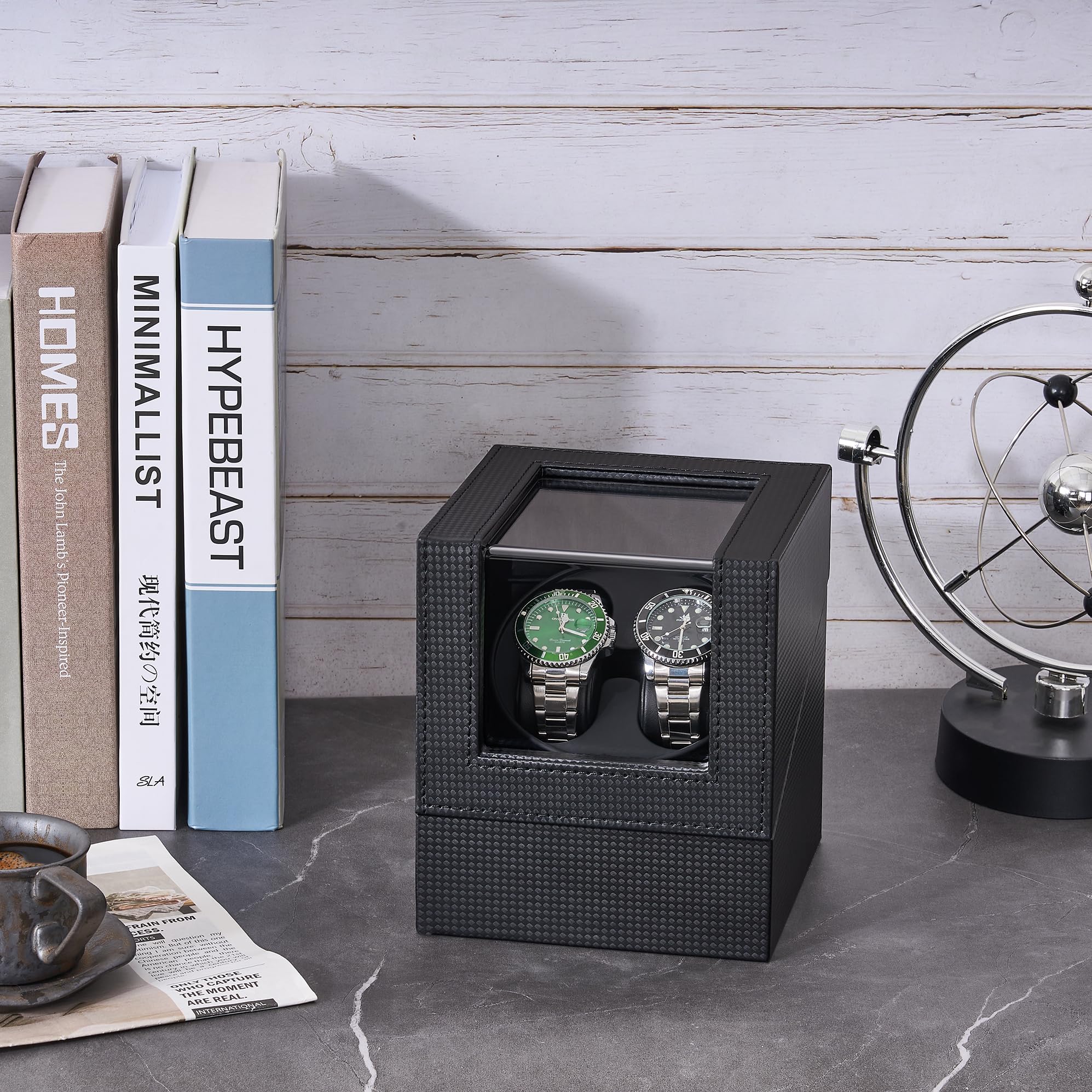 ANWBROAD Enrollador para Relojes Automáticos Caja Giratoria para 2 Relojes Súper Silencioso Cojín Flexible para Relojes Retroiluminación LED Watch Winder de Lujo 5 Modos Batería o USB JWW001B